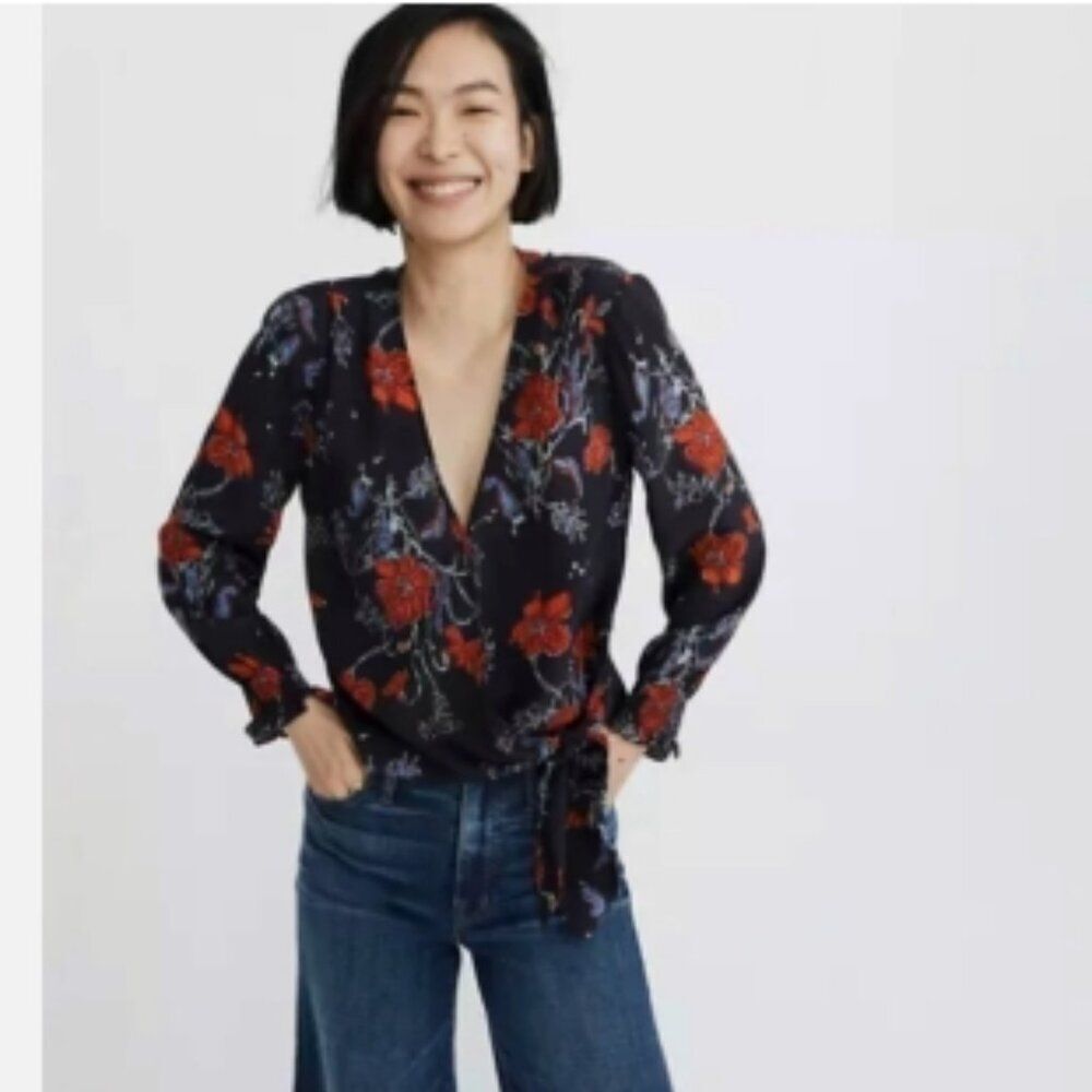 Madewell Women's Silk Smocked Sleeve Floral Wrap Top Size S